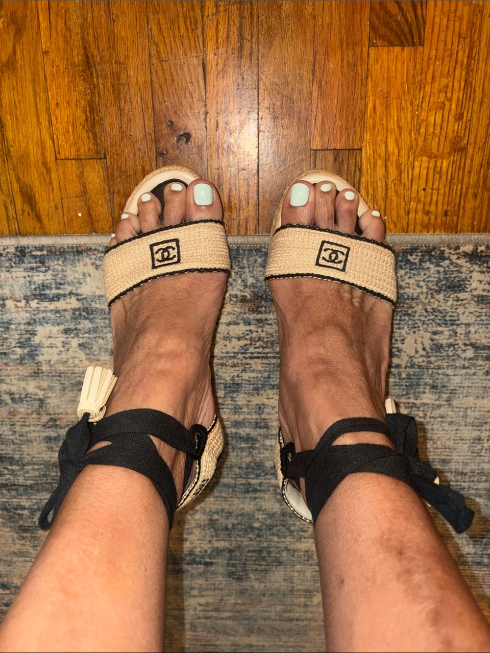 CHANEL Beige and Black Espadrille Lace-Up Sandals